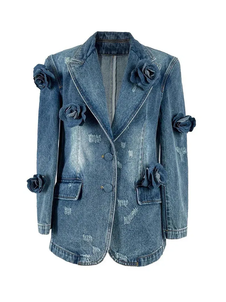 3D Flower Long Sleeves Denim Coat