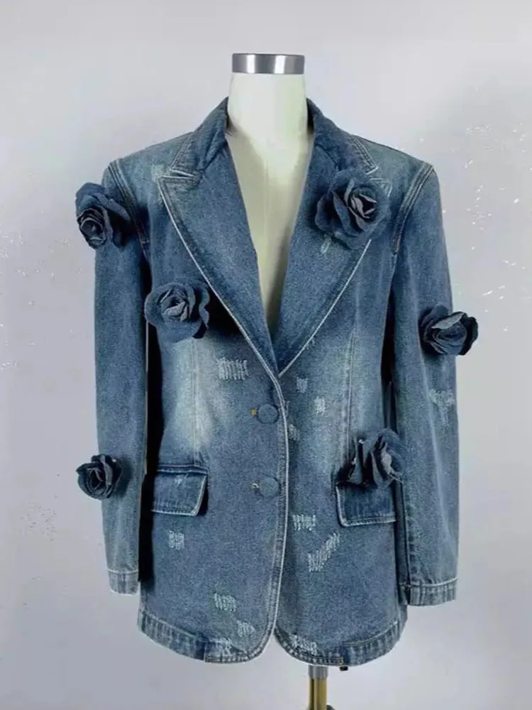 3D Flower Long Sleeves Denim Coat