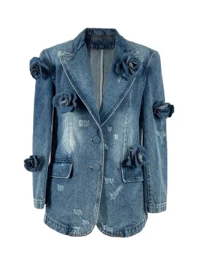 3D Flower Long Sleeves Denim Coat