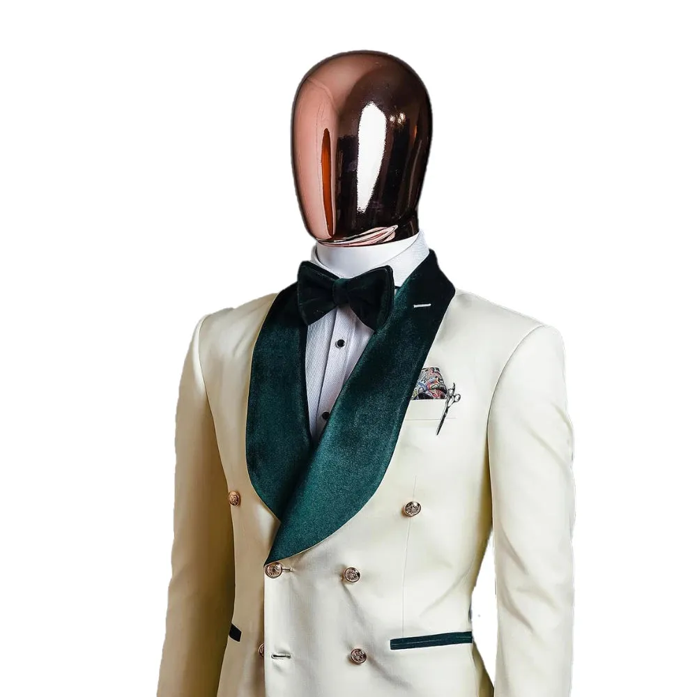 Aidase mens outfits Fashion White Wedding Men Suits Tuxedos Groom Tuxedo Formal Suit Green Velvet Shawl Lapel Double Breasted 1 Piece Blazer