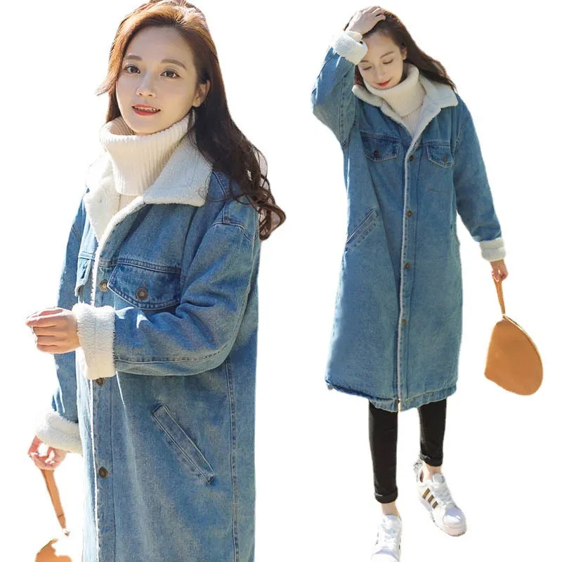 Autumn And Winter Loose Lapel Denim Thickened Cotton Coat