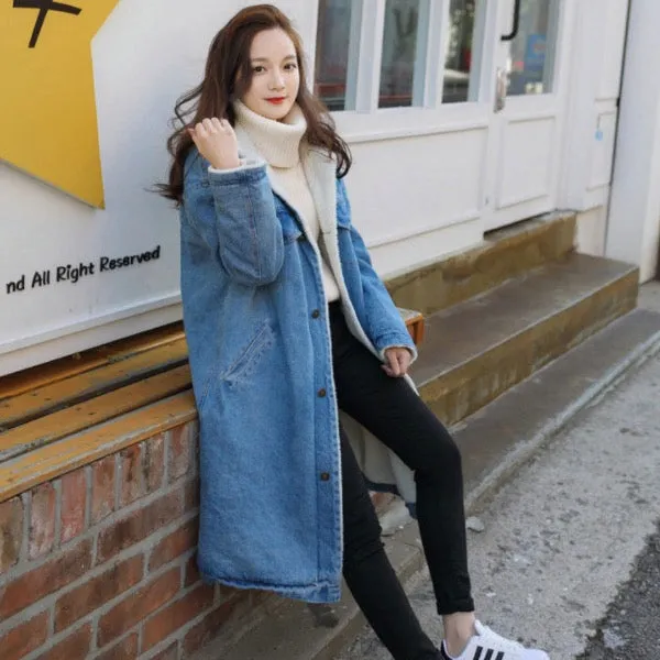 Autumn And Winter Loose Lapel Denim Thickened Cotton Coat