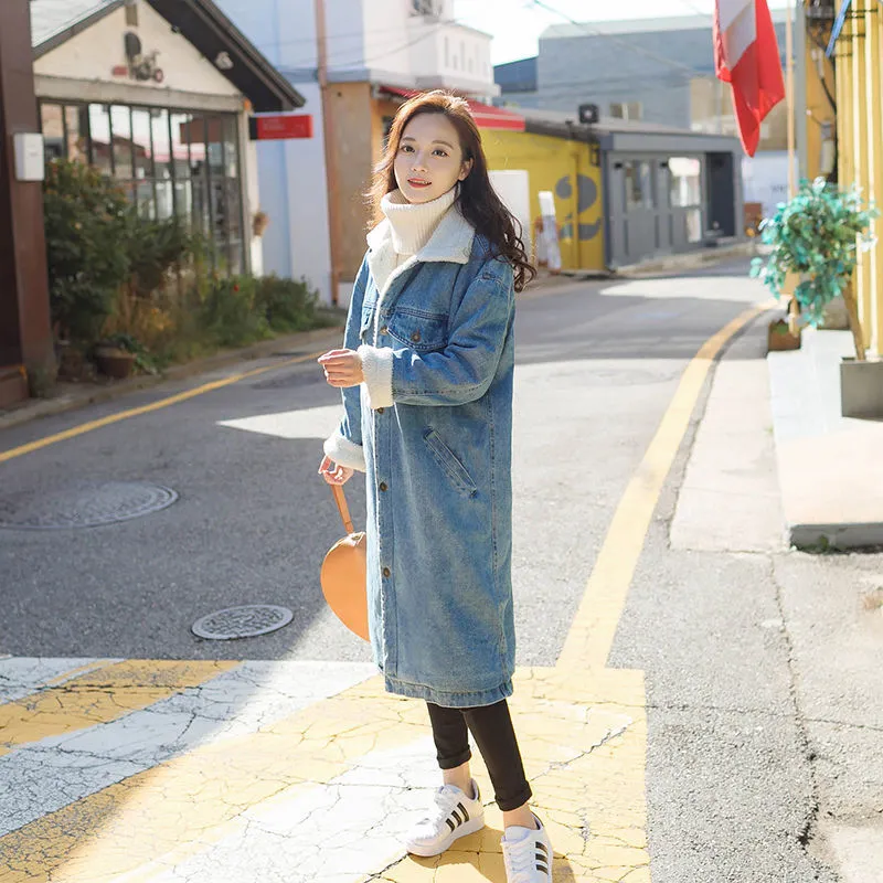 Autumn And Winter Loose Lapel Denim Thickened Cotton Coat