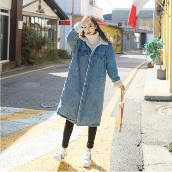 Autumn And Winter Loose Lapel Denim Thickened Cotton Coat