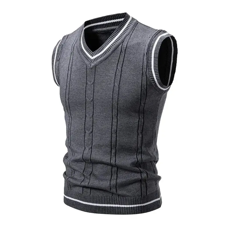 Autumn Winter Men's Knit Vests V-Neck Sleeveless Slim Fit Sweater