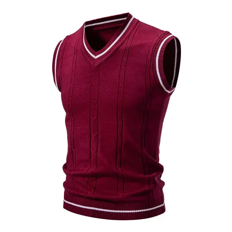 Autumn Winter Men's Knit Vests V-Neck Sleeveless Slim Fit Sweater