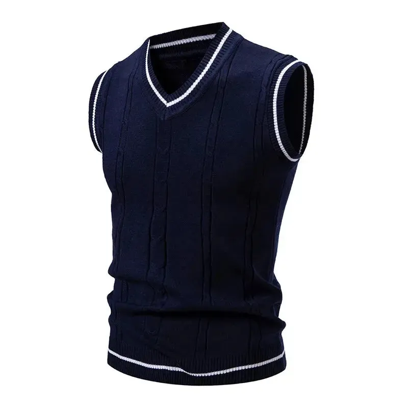 Autumn Winter Men's Knit Vests V-Neck Sleeveless Slim Fit Sweater
