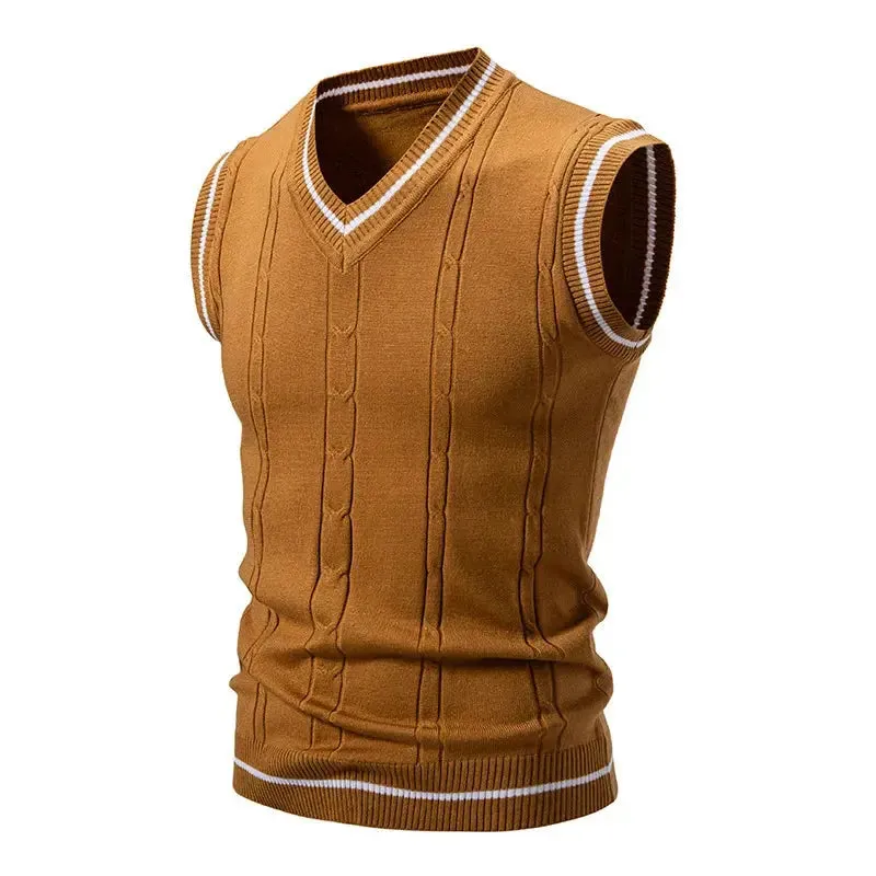 Autumn Winter Men's Knit Vests V-Neck Sleeveless Slim Fit Sweater