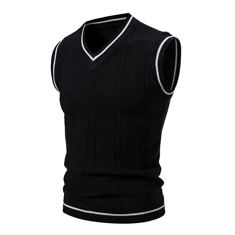 Autumn Winter Men's Knit Vests V-Neck Sleeveless Slim Fit Sweater
