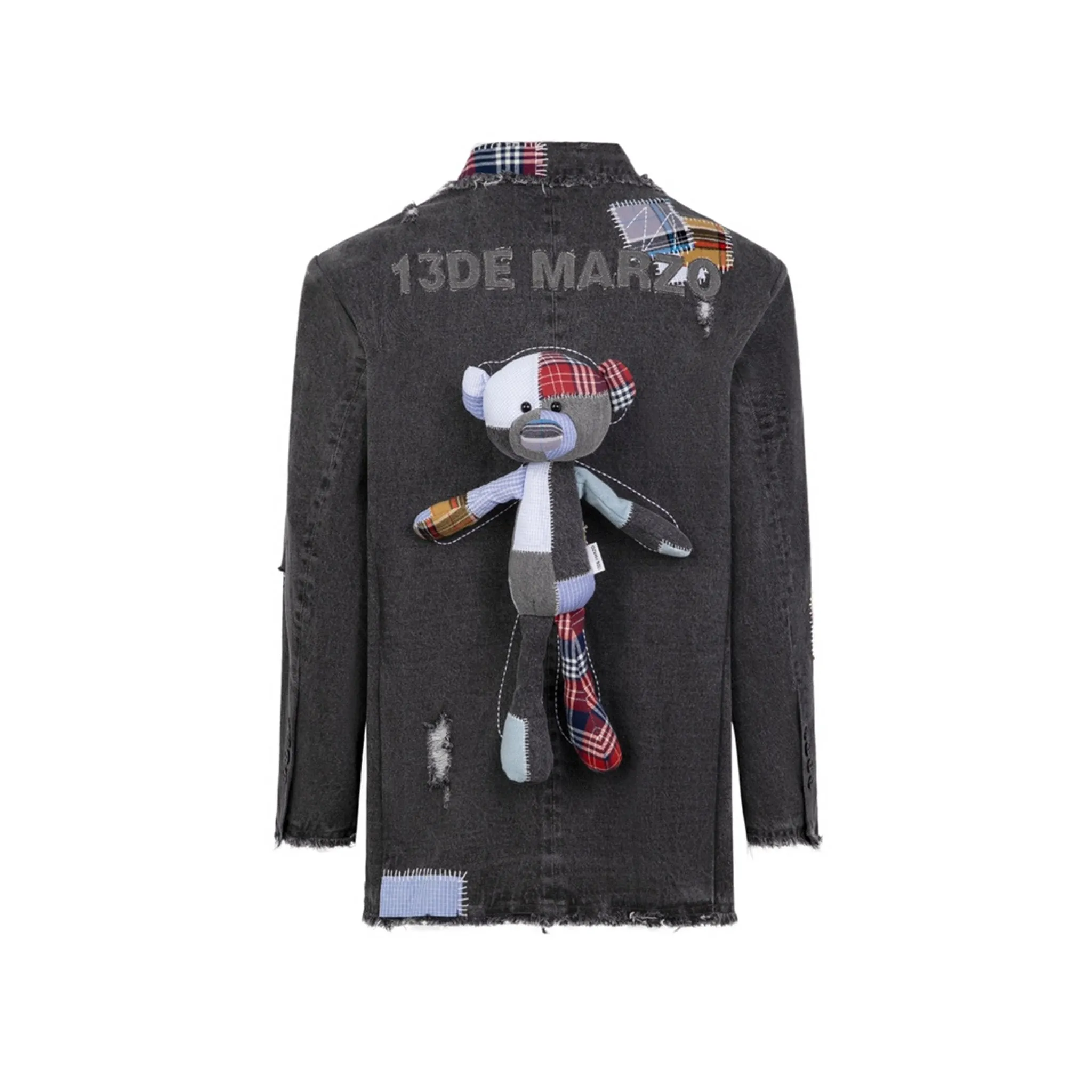 Bear Patch Suture Denim Blazer in Black