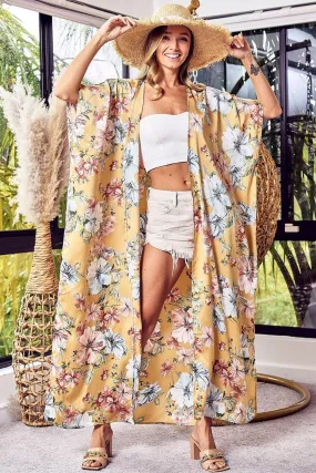 BiBi Mustard Floral Side Slit Longline Cardigan