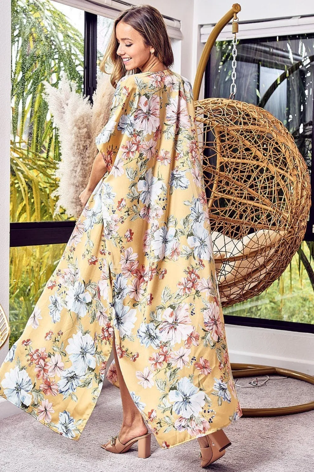 BiBi Mustard Floral Side Slit Longline Cardigan