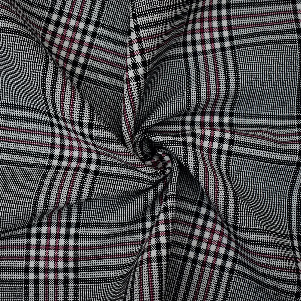Black-Deep Pink-White Wool-Polyester Plaid Twill Suiting Woven Fabric