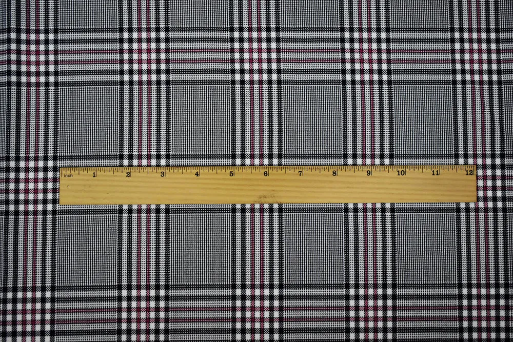 Black-Deep Pink-White Wool-Polyester Plaid Twill Suiting Woven Fabric