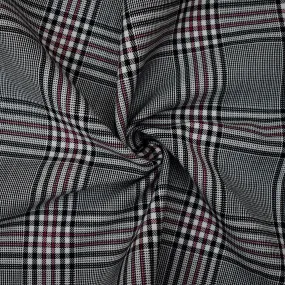 Black-Deep Pink-White Wool-Polyester Plaid Twill Suiting Woven Fabric