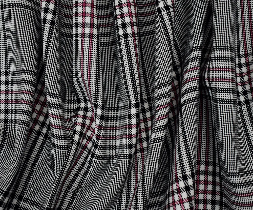 Black-Deep Pink-White Wool-Polyester Plaid Twill Suiting Woven Fabric