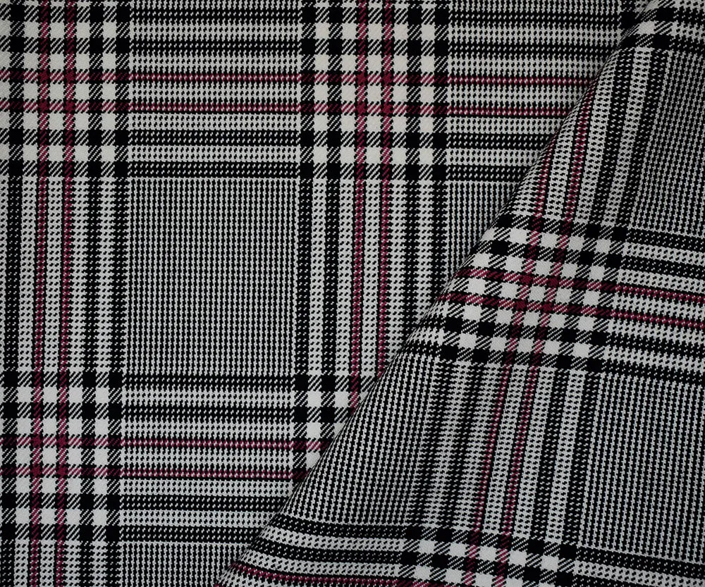 Black-Deep Pink-White Wool-Polyester Plaid Twill Suiting Woven Fabric