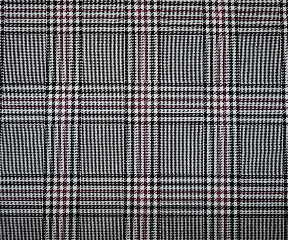 Black-Deep Pink-White Wool-Polyester Plaid Twill Suiting Woven Fabric