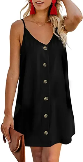 Black Sleeveless Women Summer Spaghetti Strap Button Down V Neck Sleeveless Casual Mini Dress - AlvaQ