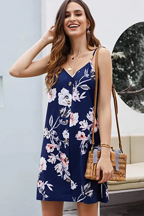 Black Sleeveless Women Summer Spaghetti Strap Button Down V Neck Sleeveless Casual Mini Dress - AlvaQ