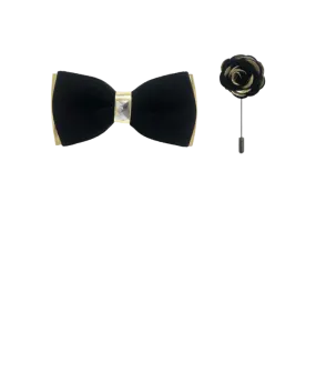 Black Velvet and Gold Leather Men's Bowties Hanky and Flowers