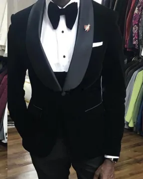 Black Velvet Mens Wedding Tuxedo 3 Pieces Suits CB 35988
