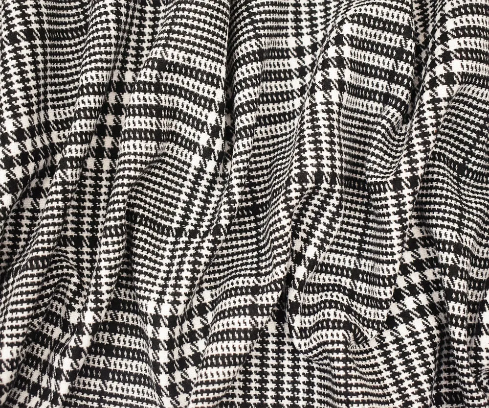 Black-White Melton Poly-Wool Glen Plaid Woven Jacketing Fabric