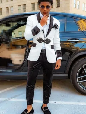 Black&White Jaquard Suits for Men 2 Pieces Slim Fit Young Man Prom Party Suit Velvet Wedding Tuxedos trajes de hombre Coat Pant