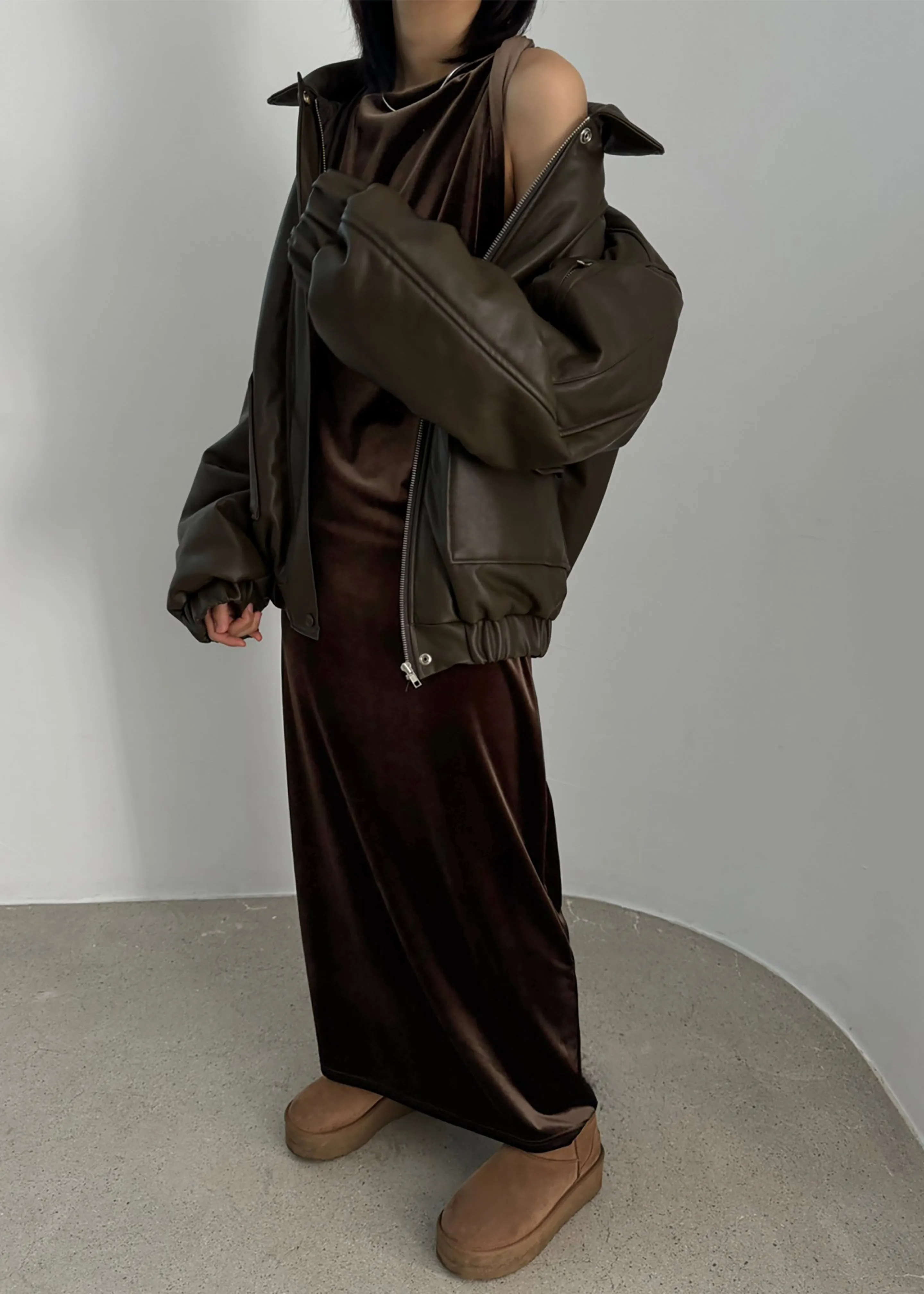 Blane Faux Leather Padded Bomber Jacket - Khaki Brown