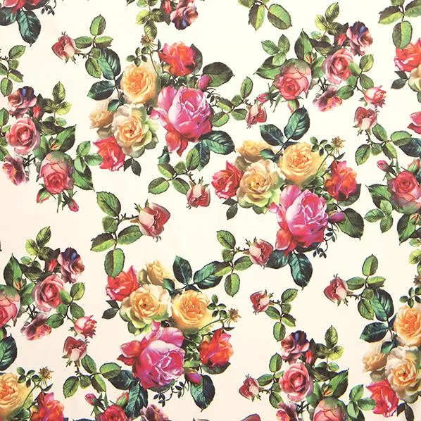 Blushing Satin Fabric, Roses White- Width 148cm