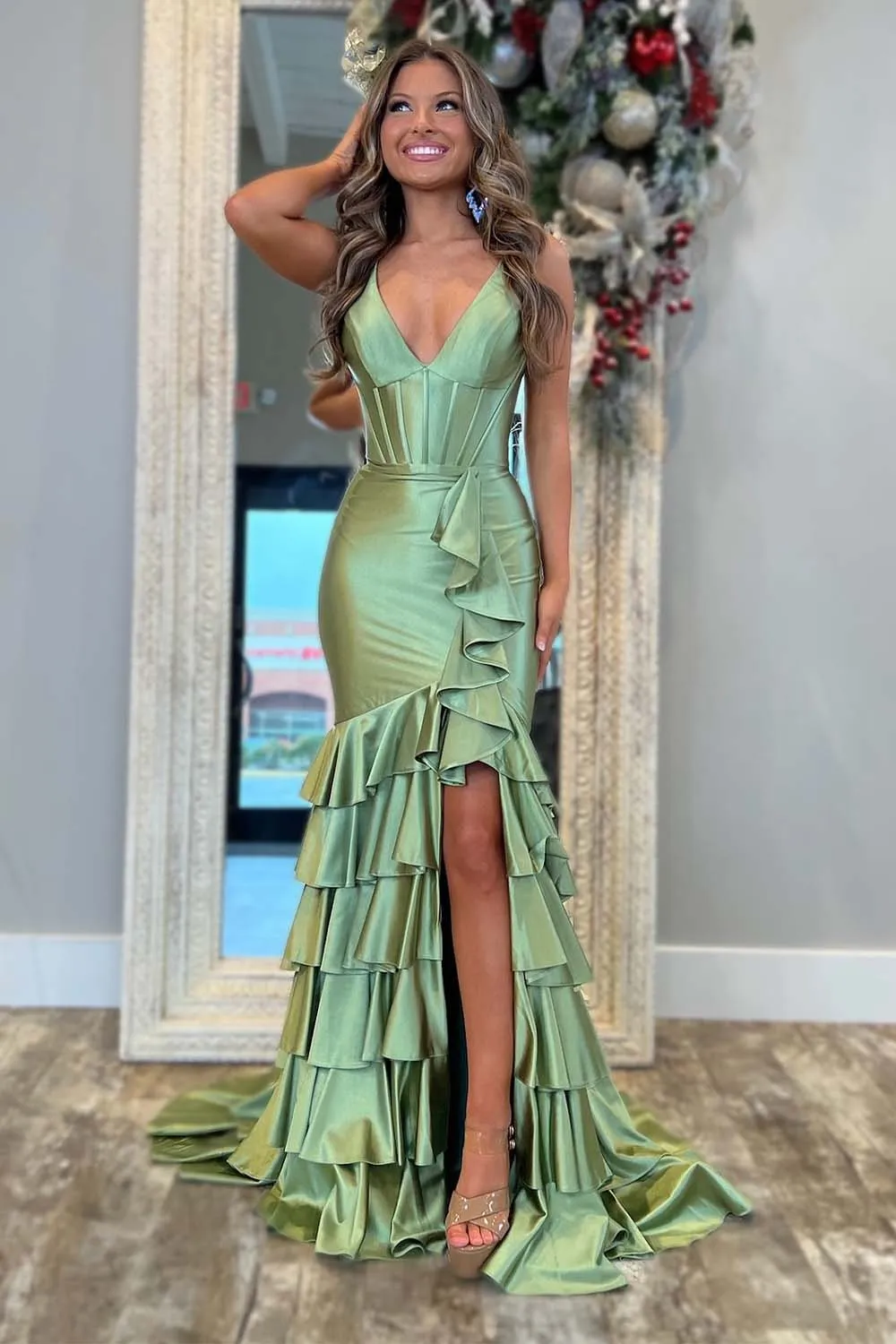 Bodycon Slit Prom Dress with Ruffle Skirt
