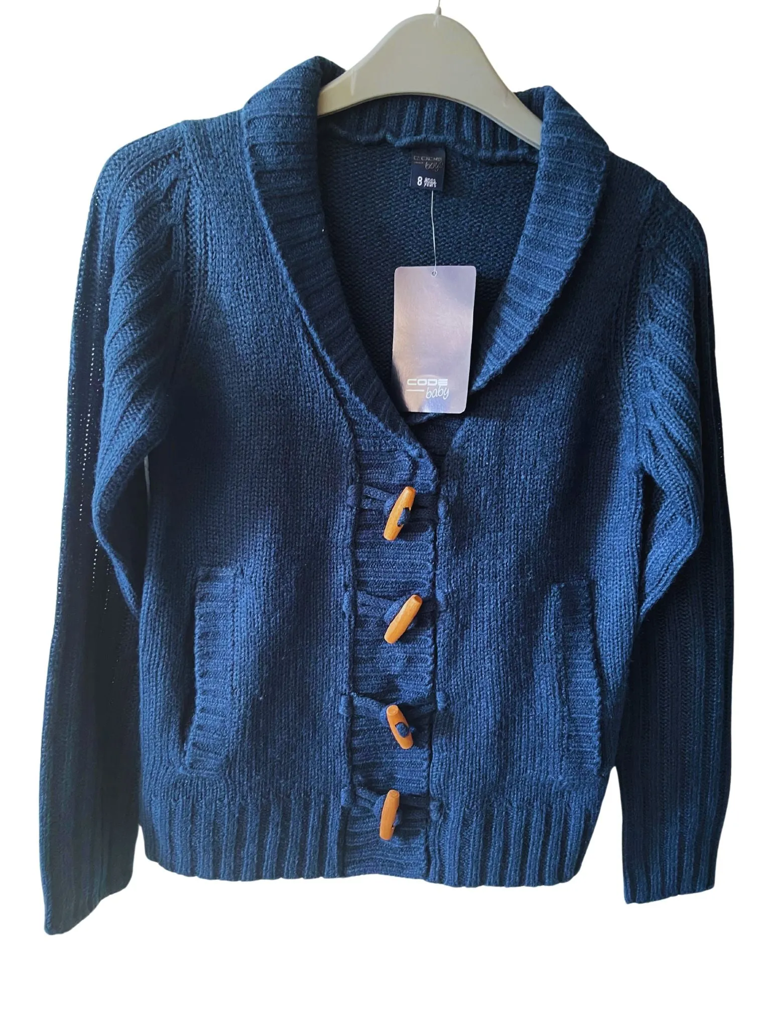Boys Navy Open Collar Toggle Buttons Thick Cable Knit Longsleeve Cardigans