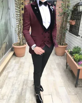 Burgundy Slim Fit Blazer Jacket Suits with Black Velvet Lapel 3 Pieces(Jacket vest pants) CB0617