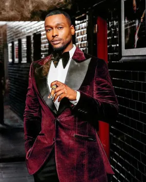 Burgundy Velvet Blazer Suits  Winter Dinner Tuxedo Jacket  Pants 2 Pieces CB39231