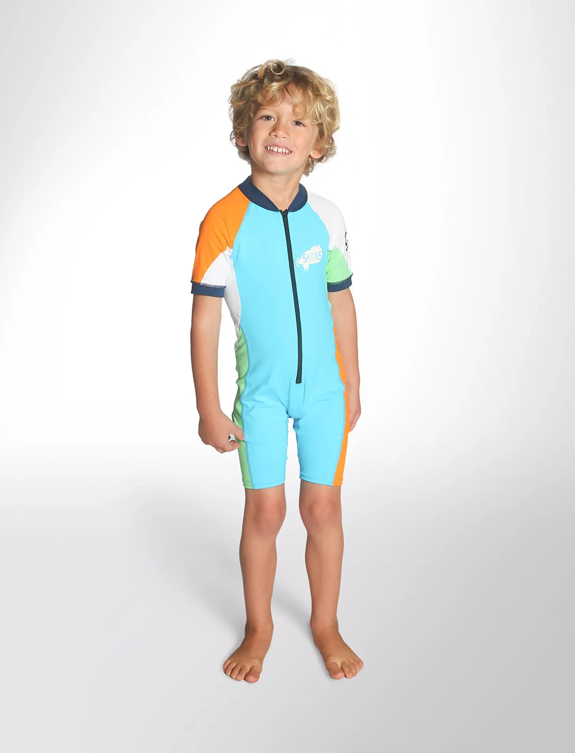 C-Skins Toddler UV Front Zip Shortie Sunsuit - Turquoise/Orange/Green