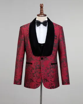 Classyby Burgundy Jacquard Black Men Groomsmen Suits Jacket Velvet Shawl Lapel Wedding Dress Suits 3 Pieces CB0523