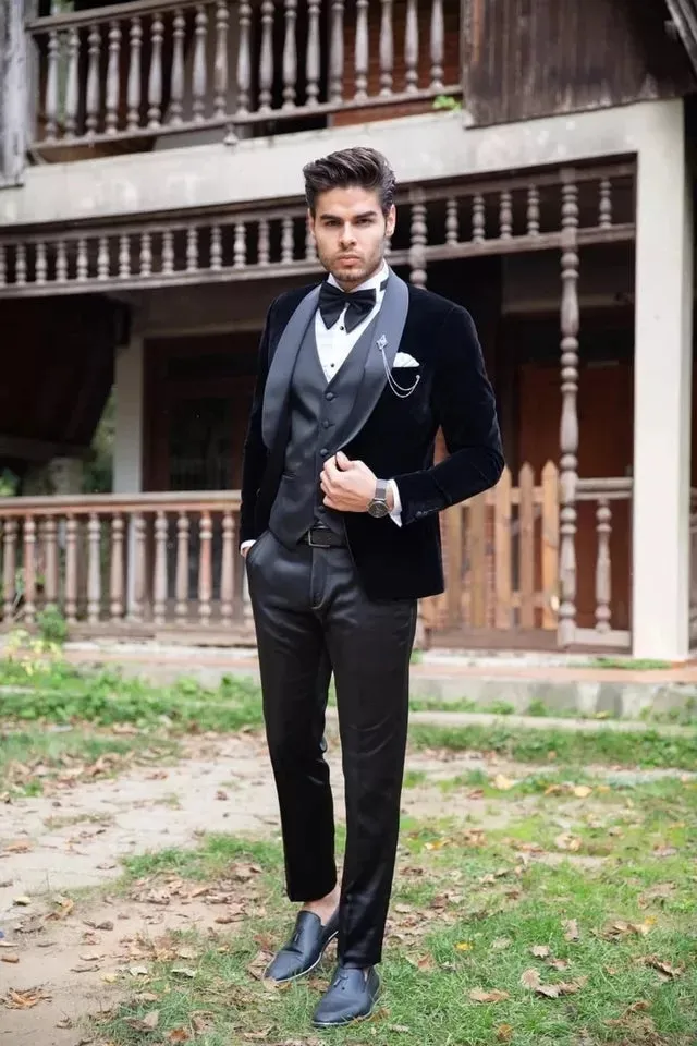 Classyby Latest Shawl Lapel Black Velvet Wedding Suits for Men ,3 Pieces Velvet Prom Tuxedos CB2284