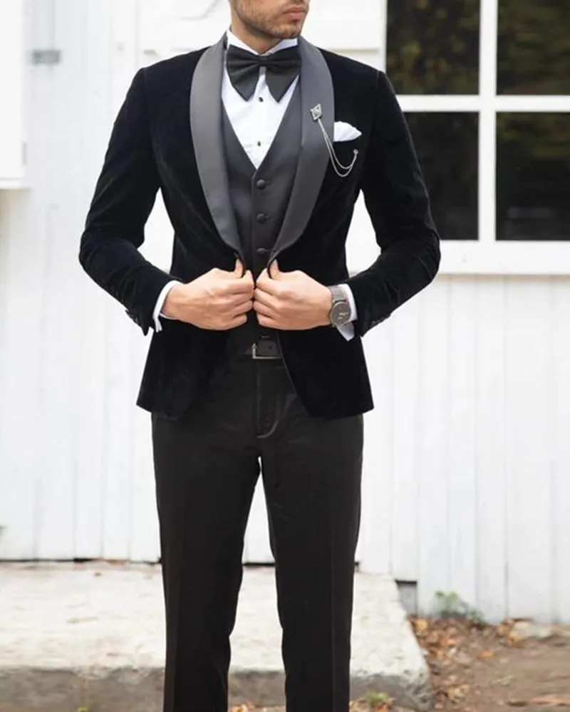 Classyby Latest Shawl Lapel Black Velvet Wedding Suits for Men ,3 Pieces Velvet Prom Tuxedos CB2284