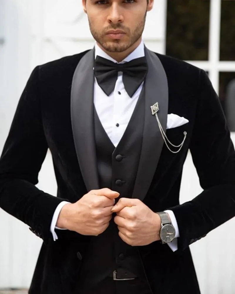 Classyby Latest Shawl Lapel Black Velvet Wedding Suits for Men ,3 Pieces Velvet Prom Tuxedos CB2284