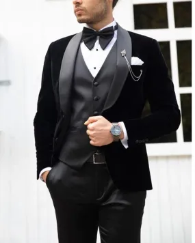 Classyby Latest Shawl Lapel Black Velvet Wedding Suits for Men ,3 Pieces Velvet Prom Tuxedos CB2284