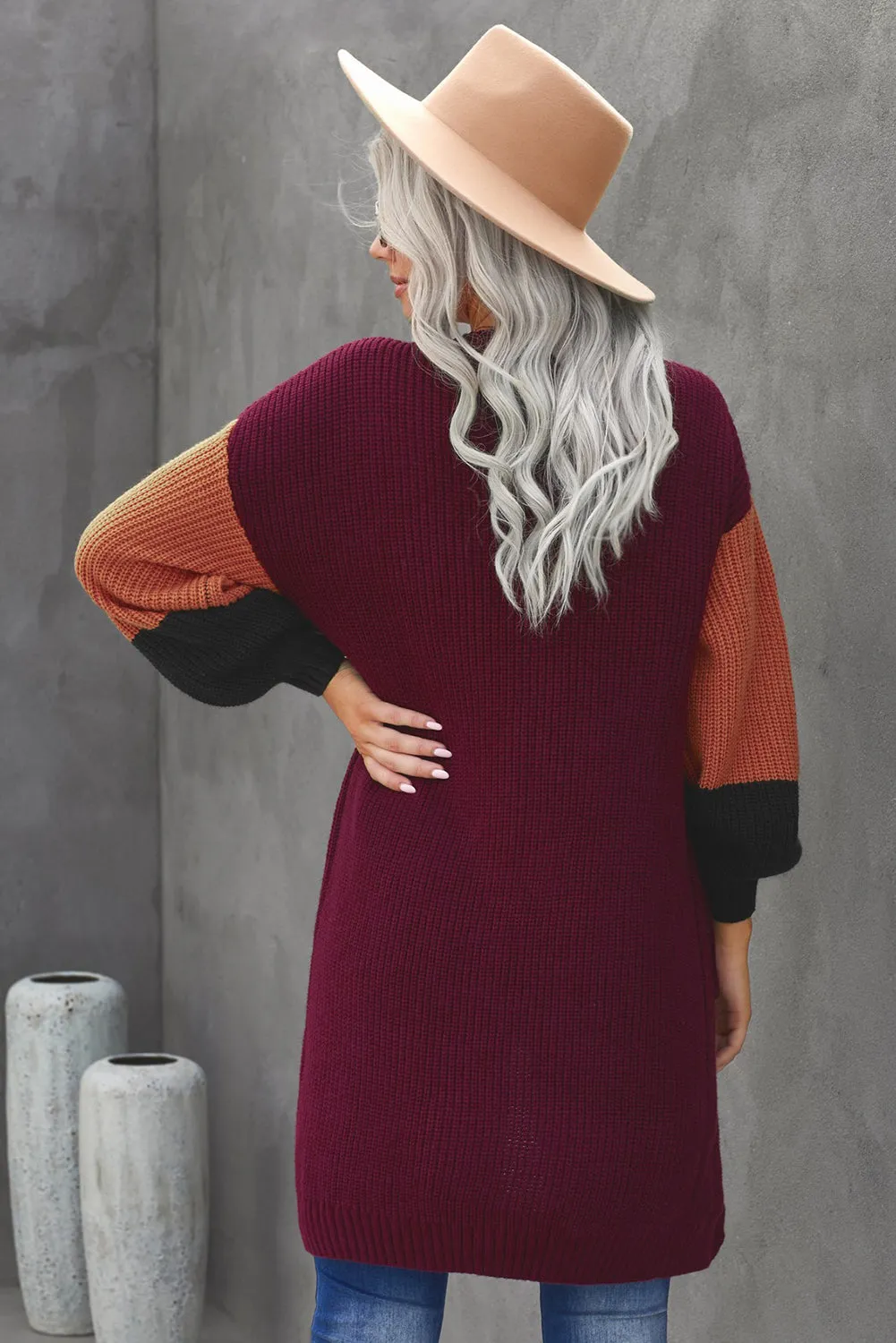 Color Block Rib-Knit Longline Cardigan with Front Pockets