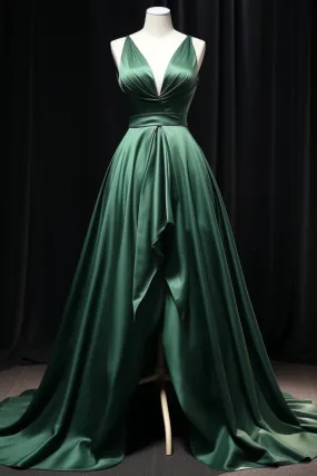 Dark Green Satin Slit Party Dress