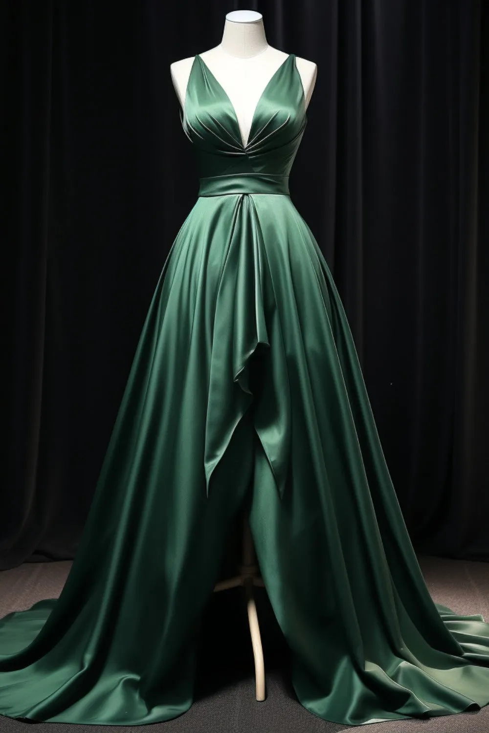 Dark Green Satin Slit Party Dress