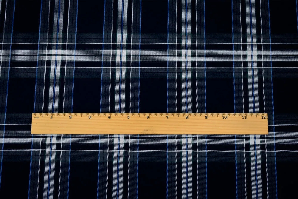 Dark Navy Blue-White-Multi Poly-Wool Plaid Twill Suiting Woven Fabric