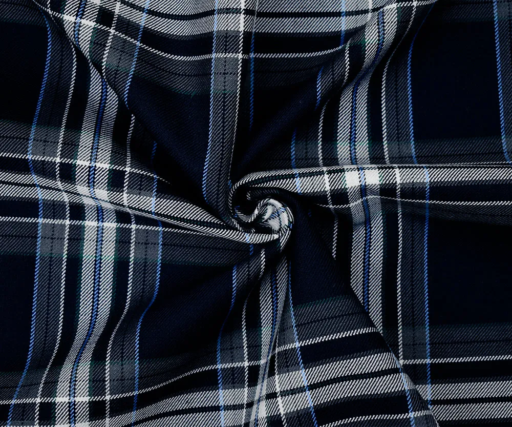 Dark Navy Blue-White-Multi Poly-Wool Plaid Twill Suiting Woven Fabric
