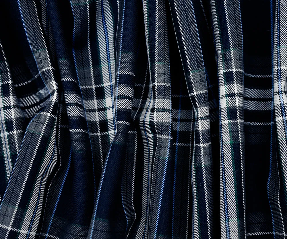 Dark Navy Blue-White-Multi Poly-Wool Plaid Twill Suiting Woven Fabric