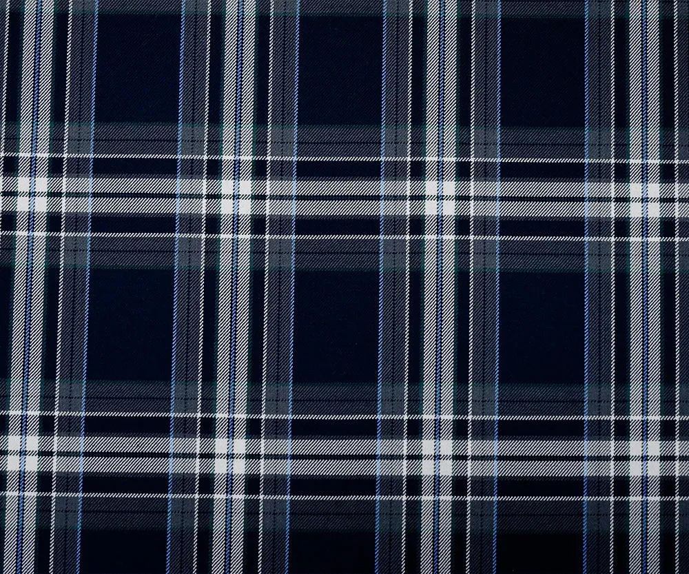 Dark Navy Blue-White-Multi Poly-Wool Plaid Twill Suiting Woven Fabric