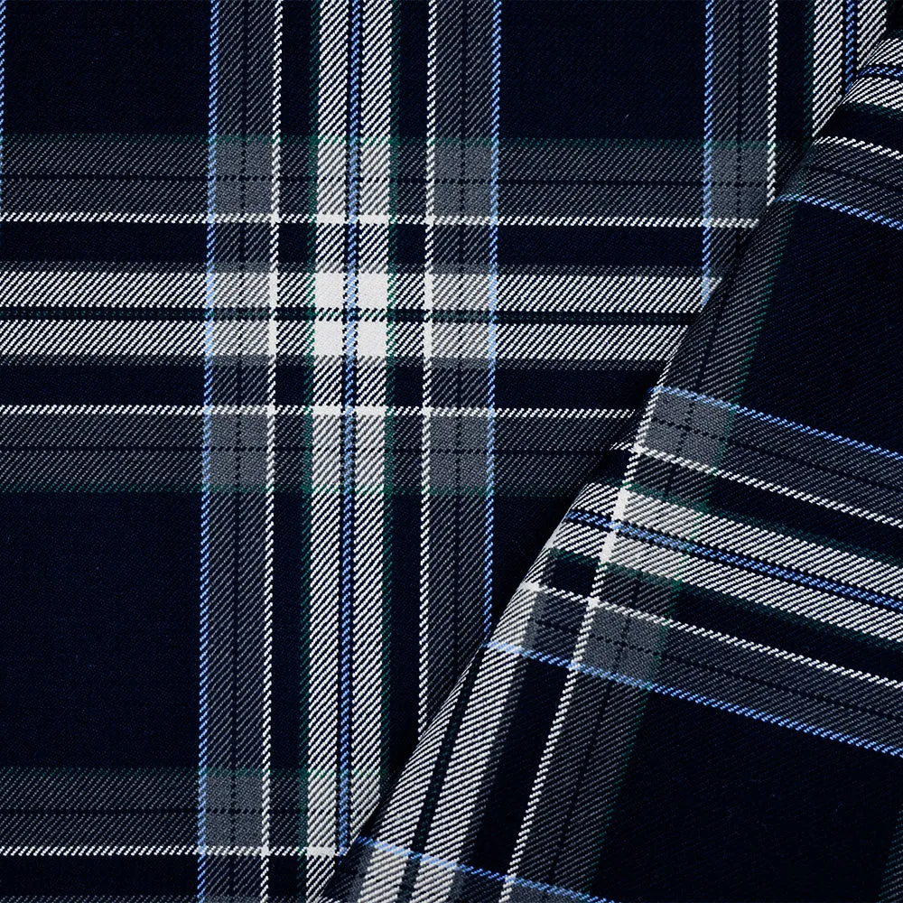 Dark Navy Blue-White-Multi Poly-Wool Plaid Twill Suiting Woven Fabric