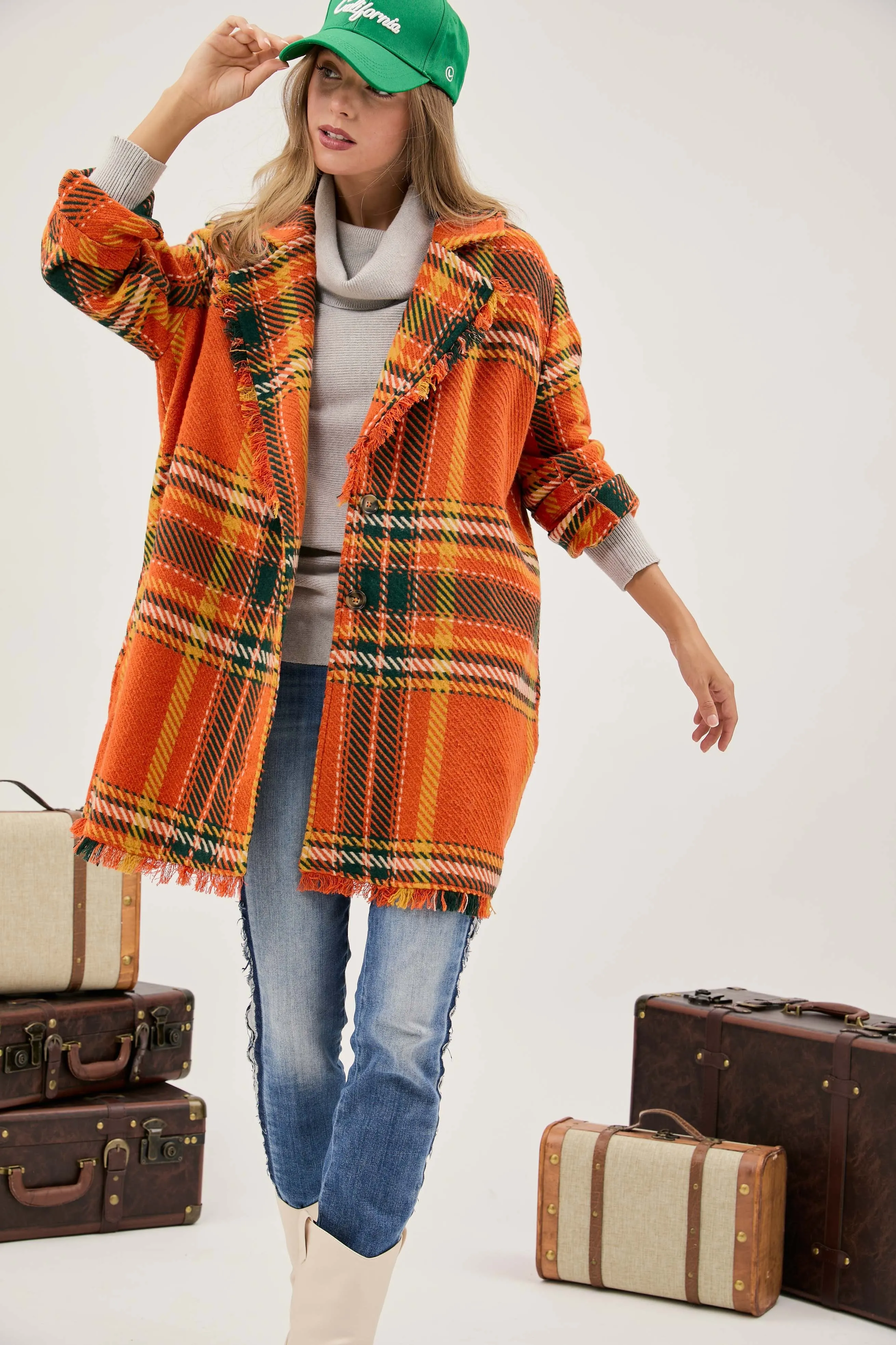 Davi & Dani Multi Plaid Button Front Jacket