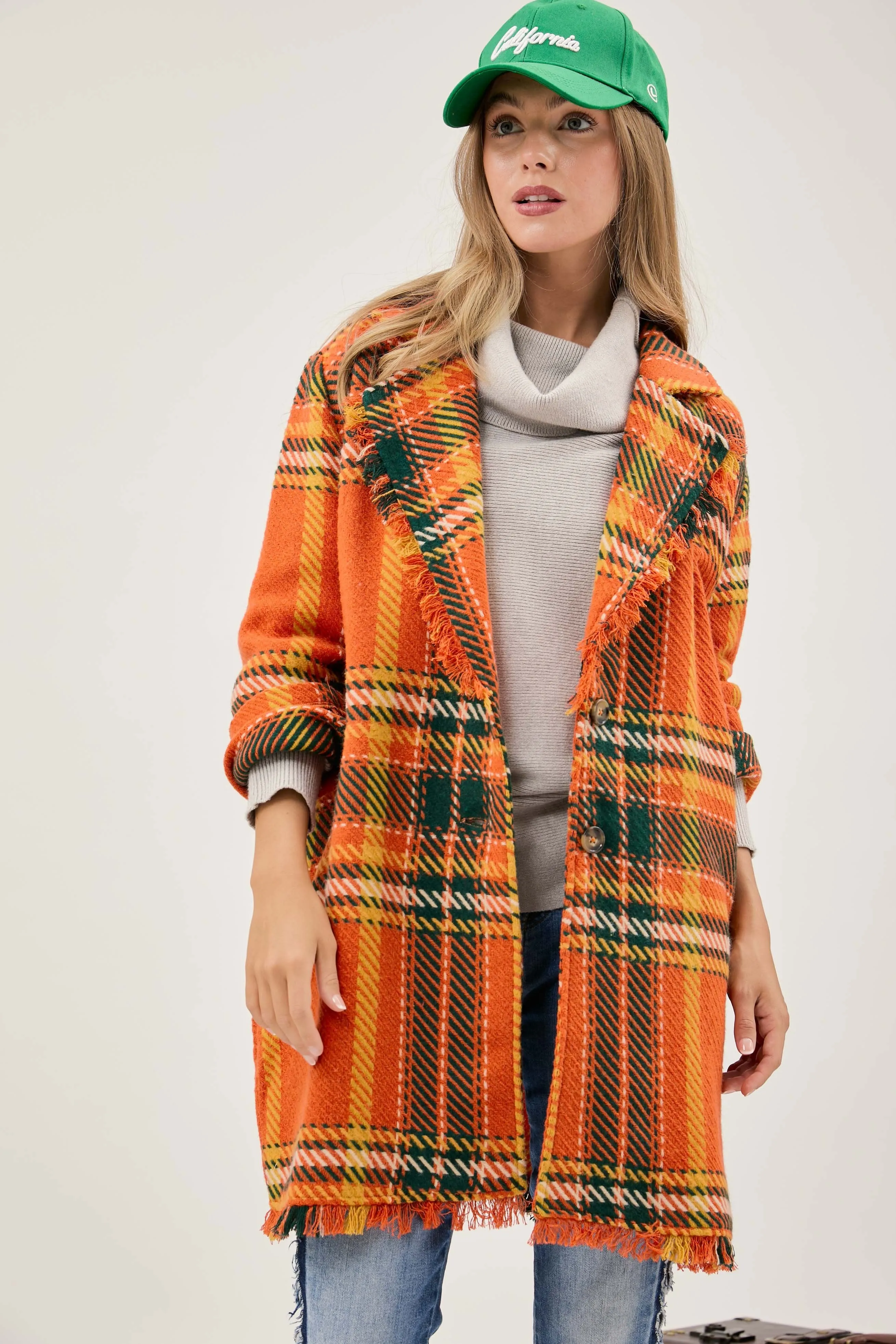 Davi & Dani Multi Plaid Button Front Jacket